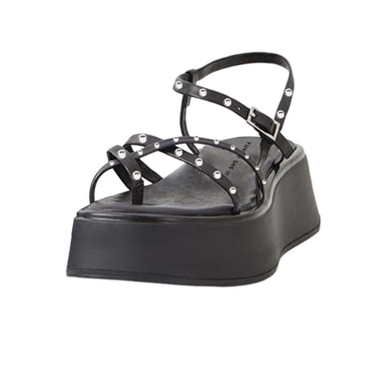 Black Summer Sandals With Platform Rhinestone Strapy Flats