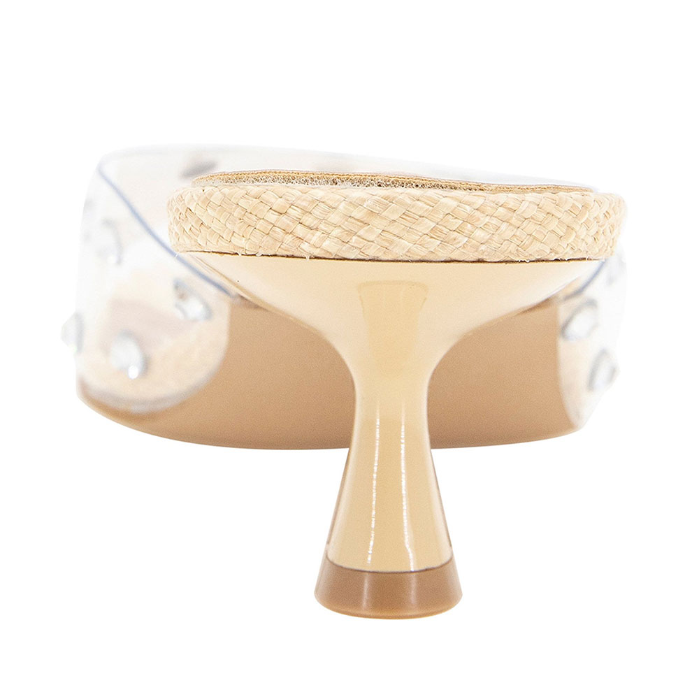 Beige Open Square Toe Rhinestone Kitten Heel Clear Mules Sandals