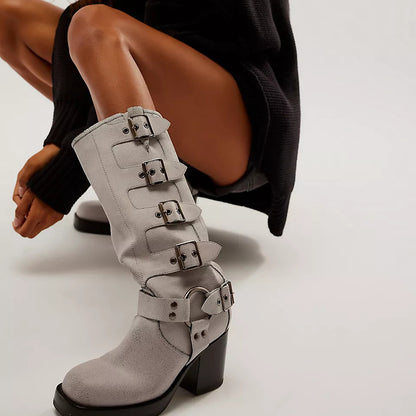White Closed Toe Chunky Heel Platform Mid Calf Boots