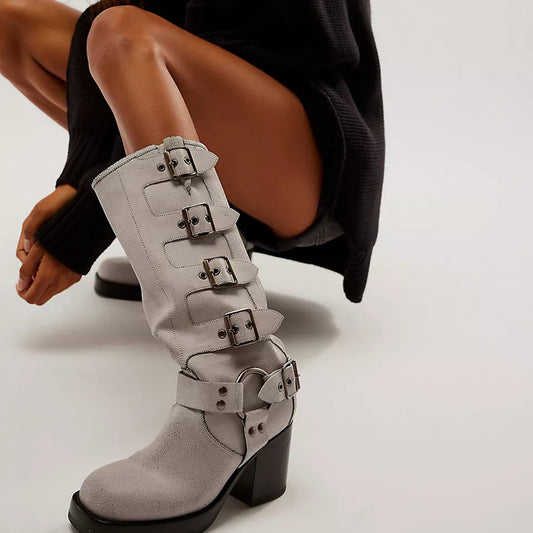White Closed Toe Chunky Heel Platform Mid Calf Boots