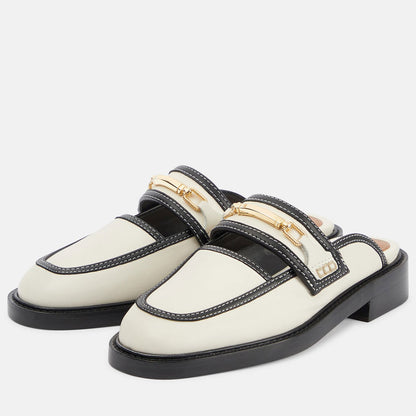 White & Black Round-Toe Low Block Heel Mule Loafers with Chain