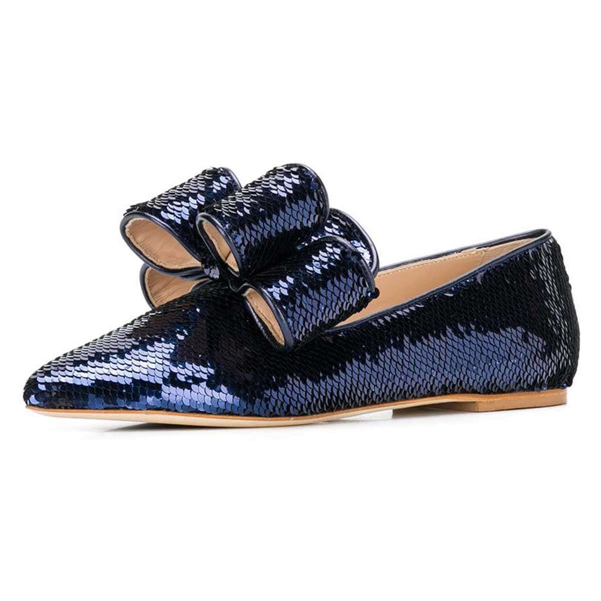 Navy Blue Sequined Slip On Pointed Toe Flats with Bow