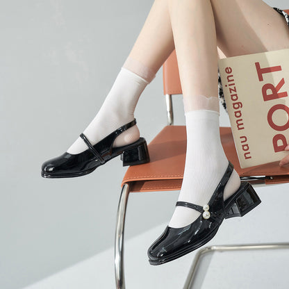 Black Patent Leather Square Toe Chunky Heel Slingback Loafers