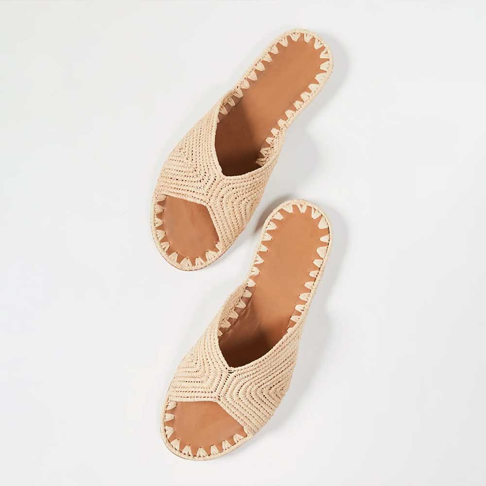 Slip-On Nude Woven Raffia Open Toe Flat Slide Sandals for Women