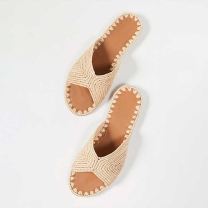 Slip-On Nude Woven Raffia Open Toe Flat Slide Sandals for Women
