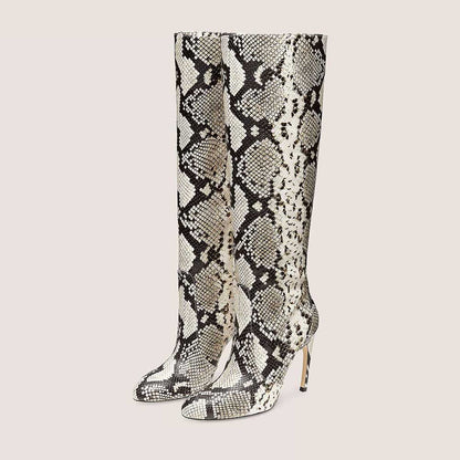 Gray Snakeskin Pointed Toe 4'' Stiletto Heel Wide Calf Knee High Boots