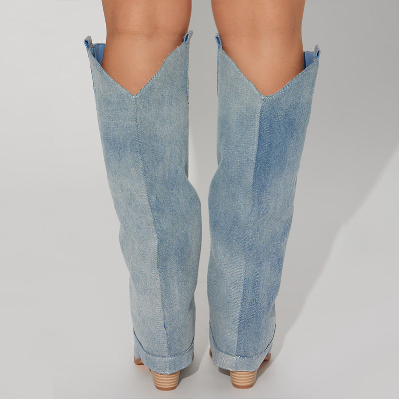 Blue Denim Pointed Toe Stacked Heel Fold Over Western Knee High Boots