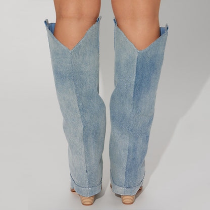 Blue Denim Pointed Toe Stacked Heel Fold Over Western Knee High Boots