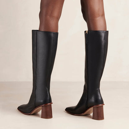Black Vegan Leather Square Toe Chunky Heel Side-Zip Knee High Boots