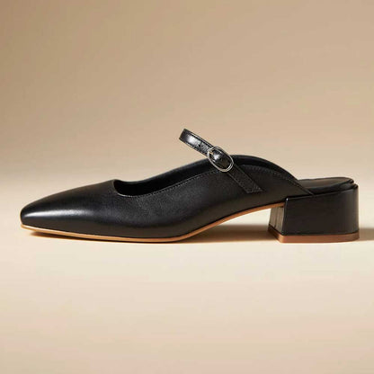 Black Vegan Leather Square Toe Lady's Formal Backless Mary Jane Flats