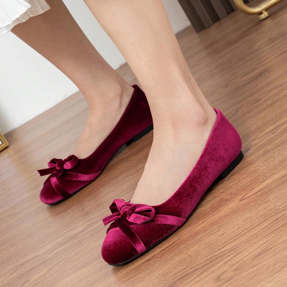 Maroon Velvet Pointed Toe Flats with Bow