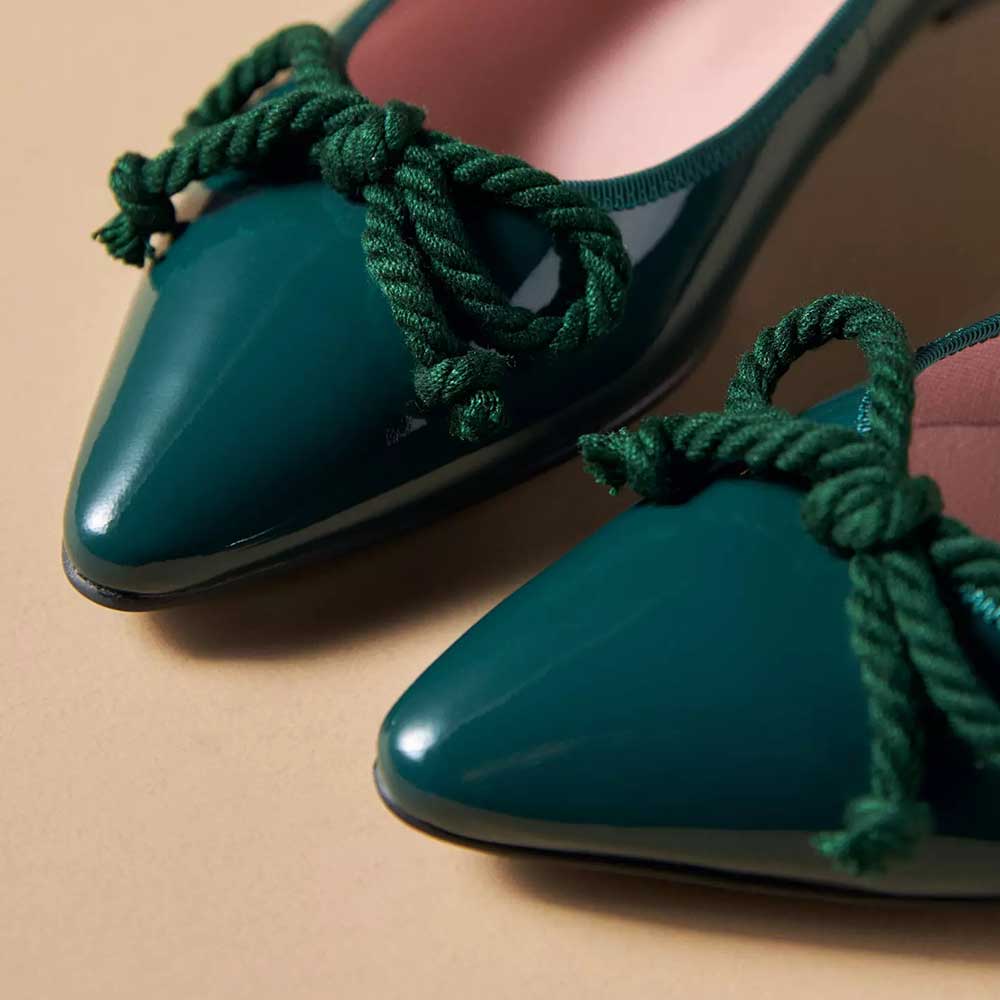 Green Patent Leather Pointed Toe Formal Flats with Bow