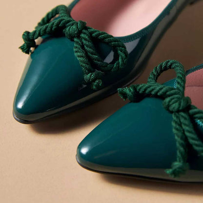 Green Patent Leather Pointed Toe Formal Flats with Bow