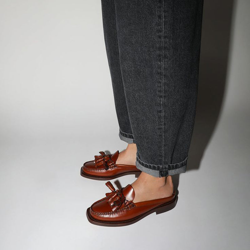 Brown Square Toe Vintage Shoes Block Heel Fringe Mule Loafers