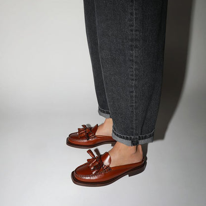 Brown Square Toe Vintage Shoes Block Heel Fringe Mule Loafers