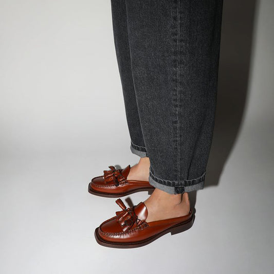 Brown Square Toe Vintage Shoes Block Heel Fringe Mule Loafers