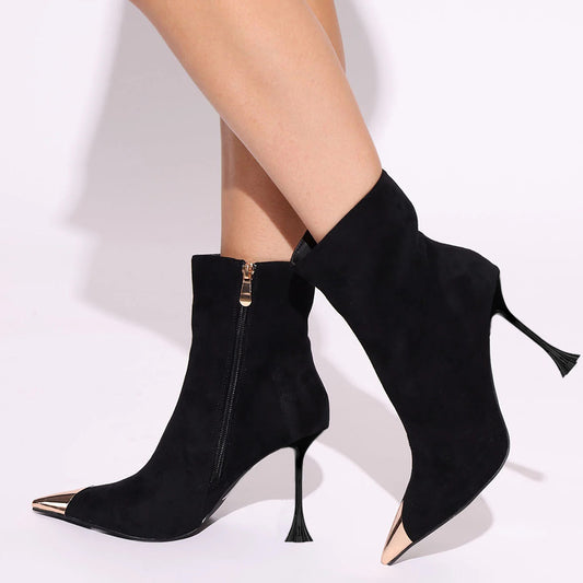 Black Faux Suede Closed Toe 4'' Flared Heel Ankle Boots