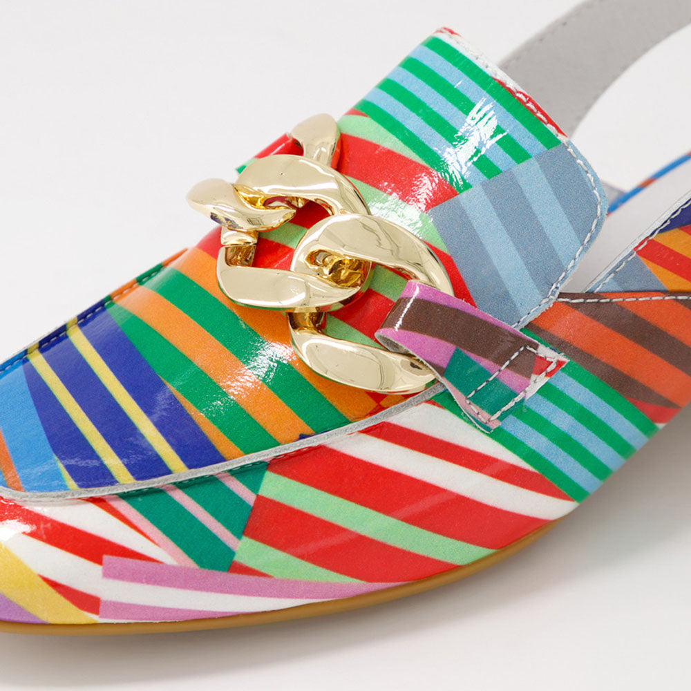 Multicolor Patent Leather Stripe Chain Slingback Heeled Loafers