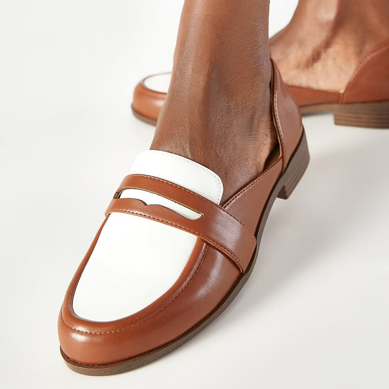 Brown & White Faux Leather Block Heel Round Toe Vintage Loafers