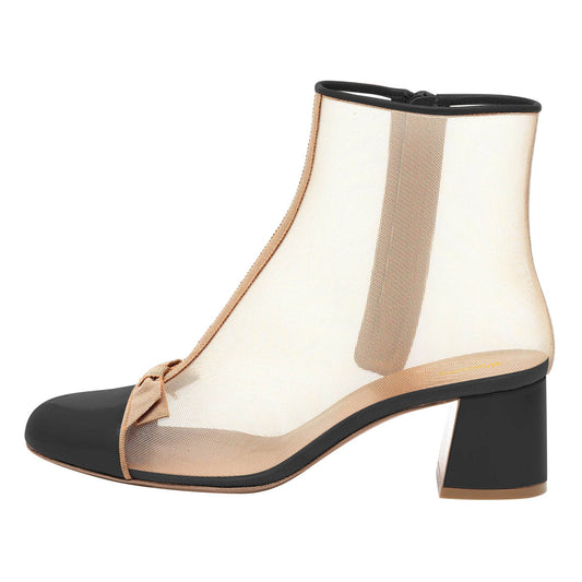 Black & Nude Bow Mesh Round Toe Ankle Boots for Women with Zipper