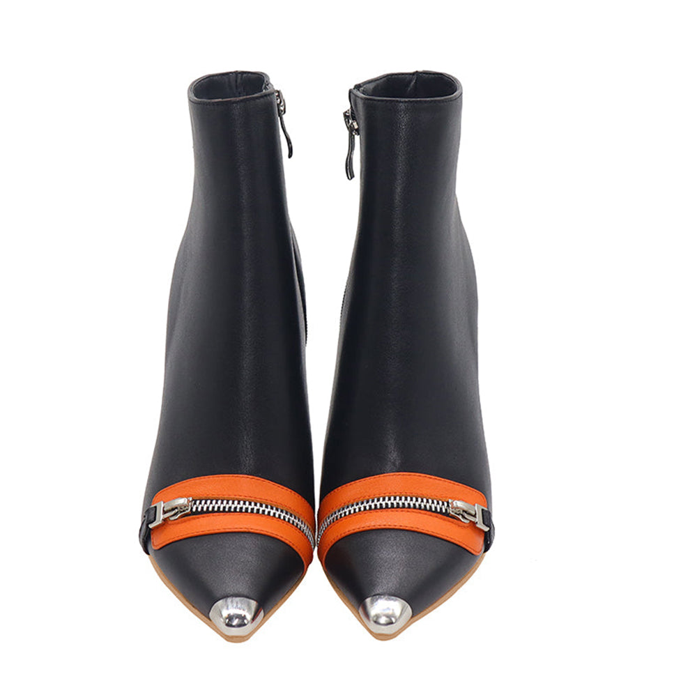 Black Pointed Toe Decorative Heel Ankle Boots