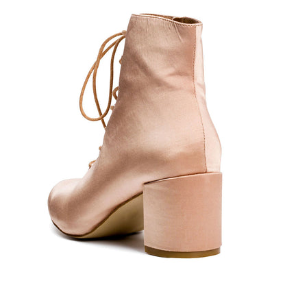 Beige Vegan Leather Pointed Toe Chunky Heel Lace-Up Ankle Boots