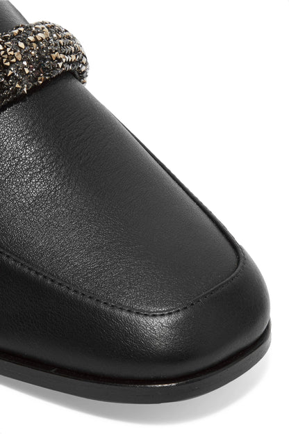 Black Square Toe Chunky Heel Women's Loafers with Rhinestone Strap