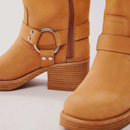Tan Square Toe Platform Mid Calf Boots with Buckle & Studded Decor