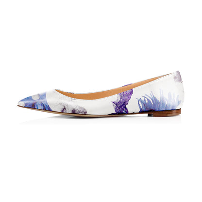 Women's White Pointed Toe Violet Floral Print Comfortable Flats