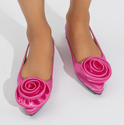 Pink Satin Wedding Flats Pointed Toe Rose Embellished Slingback Shoes