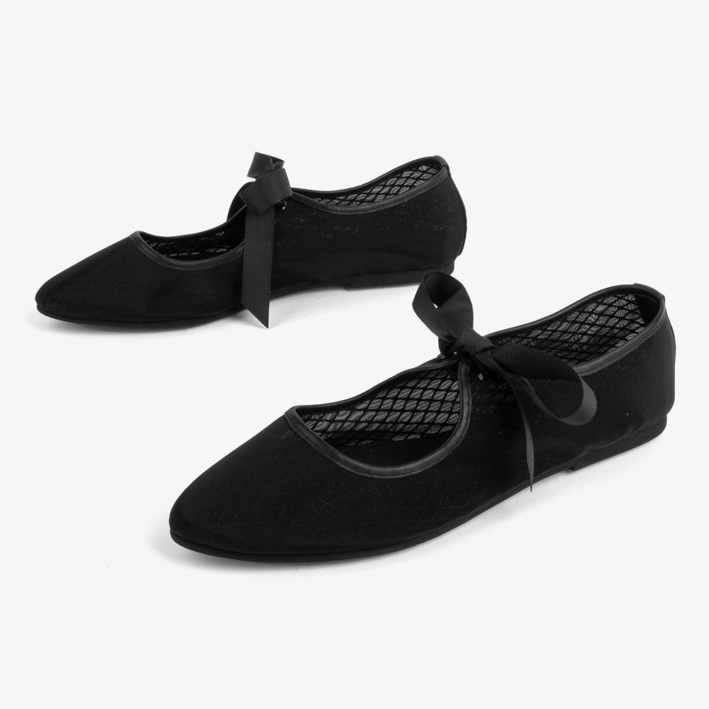 Women's Classic Black Closed-Toe Tie-Up Ballet Mesh Flats