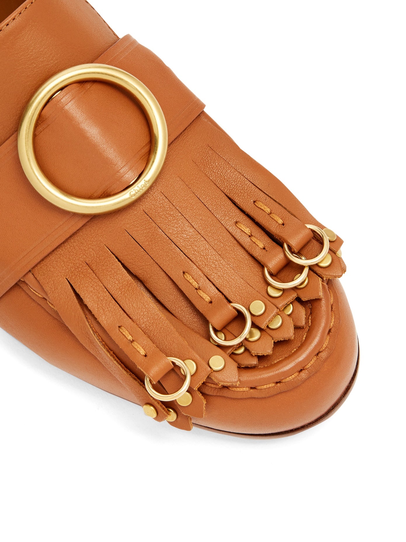 Tan Round Toe Fringe Flats Circle Buckle Studded Loafer Shoes Women