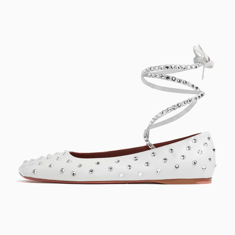 Square Toe Crystal Embellished Lace-Up Women's Dress Flats in White