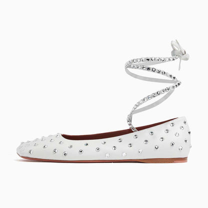 Square Toe Crystal Embellished Lace-Up Women's Dress Flats in White