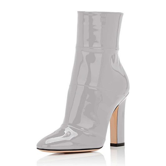 Women's Grey Patent Leather Chunky Heel Ankle Boots with Zipper
