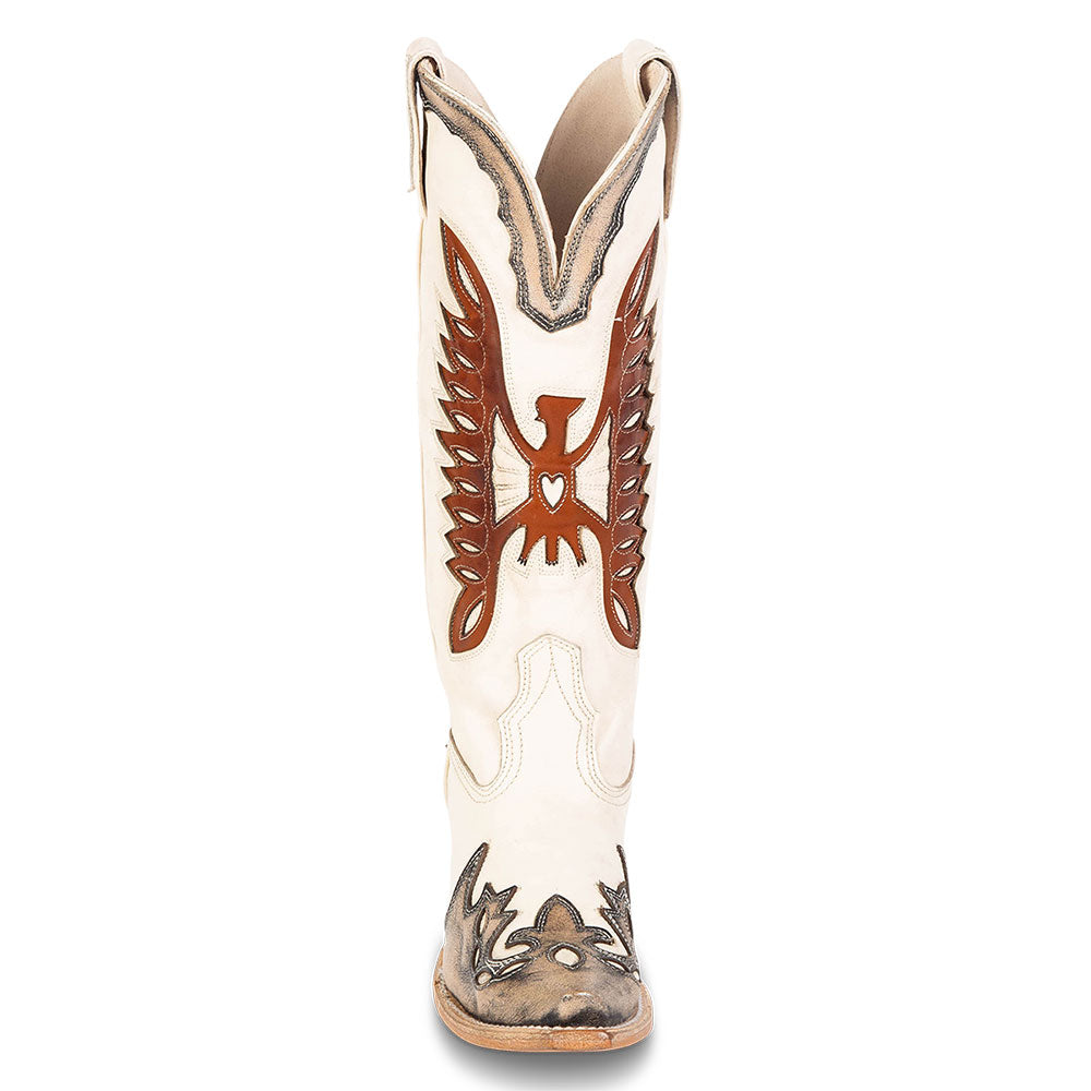 White & Brown Patchwork Snip Toe Chunky Heel Western Knee High Boots