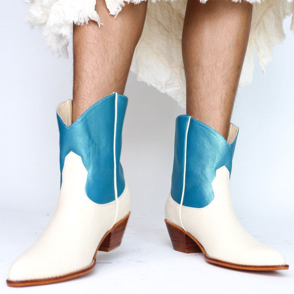 White & Blue Patchwork Pointed Toe Chunky Heel Cowgirl Ankle Boots