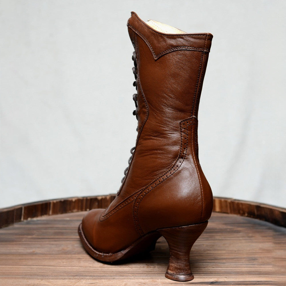Brown Lace-Up Almond Toe Spool Heel Mid Calf Boots for Women