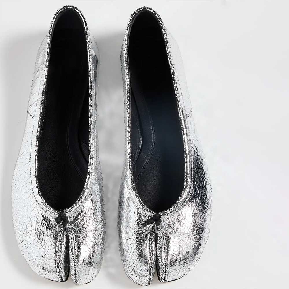 Silver Crinkled Metallic Split Round Toe Flats with Decorative Knot
