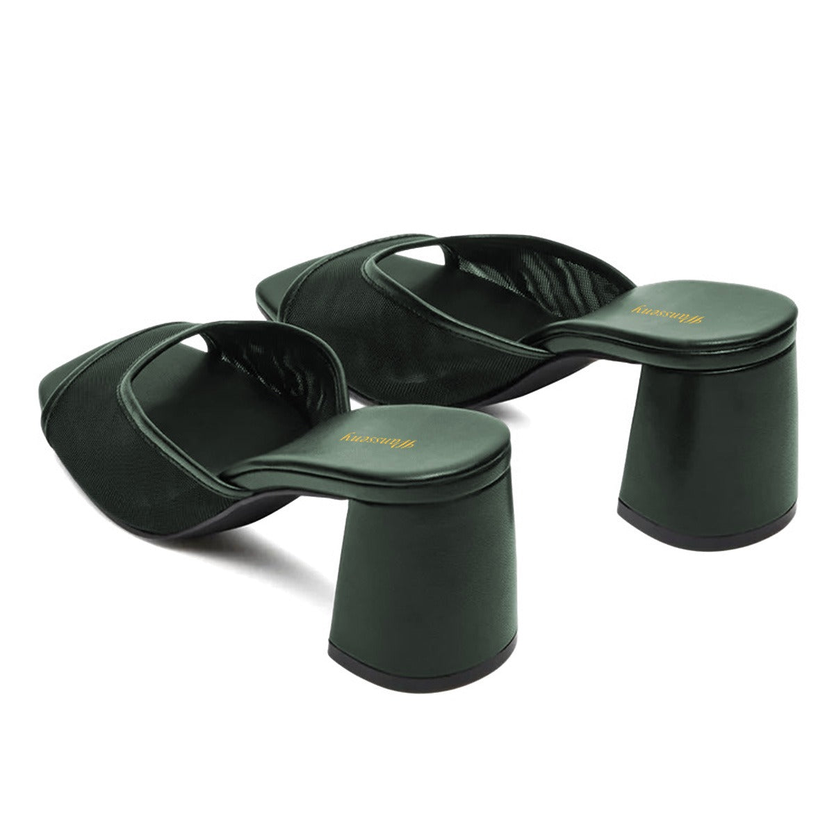 Women's Classic Dark Green Open Square Toe Mesh Mule Heels