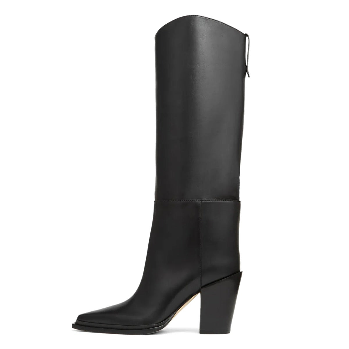 Simple Black Pointed Toe Pull-On Block Heel Knee High Boots