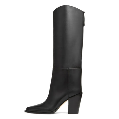 Simple Black Pointed Toe Pull-On Block Heel Knee High Boots