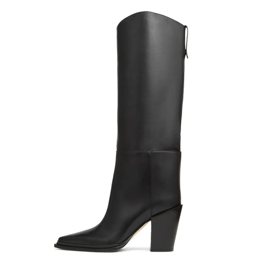 Simple Black Pointed Toe Pull-On Block Heel Knee High Boots
