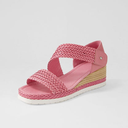 Pink Square Toe Woven Strappy Wedge Espadrille Sandals