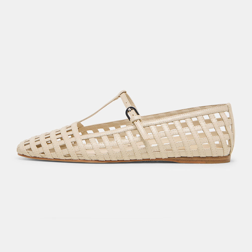 FSJ Casual Ivory Square Toe Cut-Outs Summer Flats with T-Strap