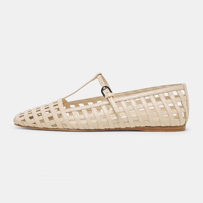 FSJ Casual Ivory Square Toe Cut-Outs Summer Flats with T-Strap