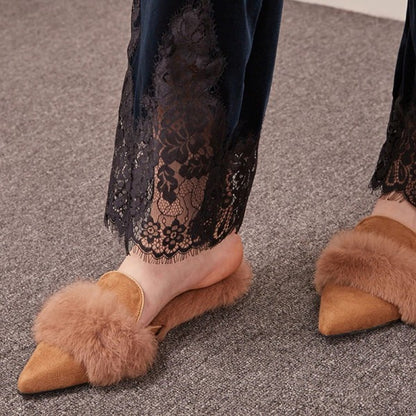 Women's Brown Vegan Suede Pointed Toe Furry Decorated Mule Loafers