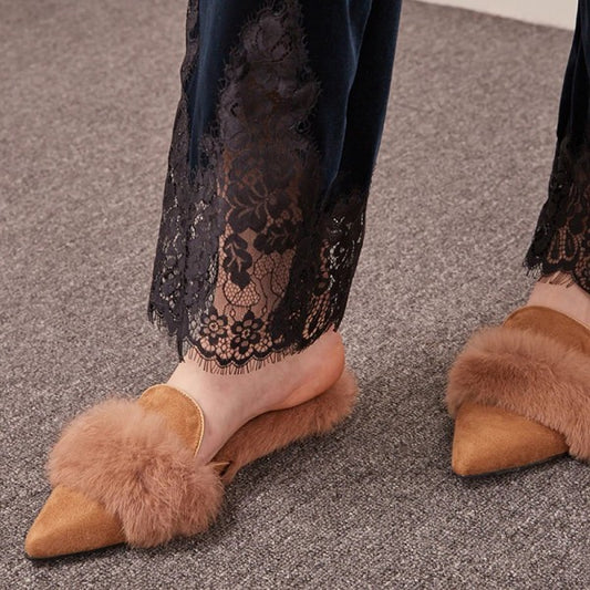 Women's Brown Vegan Suede Pointed Toe Furry Decorated Mule Loafers