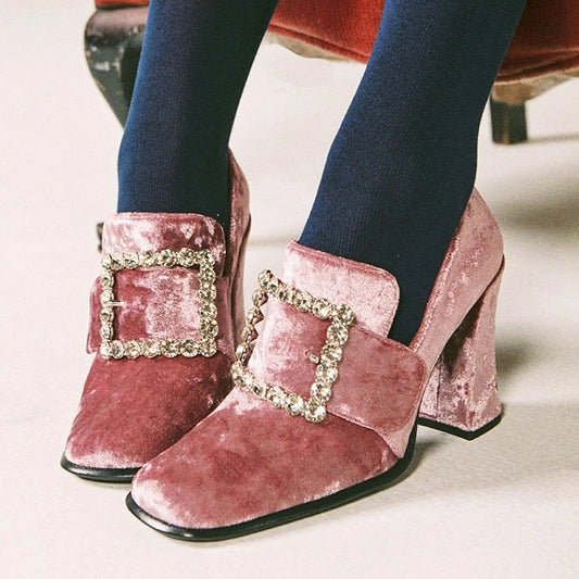 Pink Velvet Chunky Heels Square Toe Rhinestone Buckle Women's Loafers