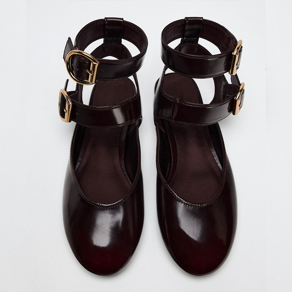 Maroon Round Toe Slingback Ballet Flats with Double Buckled Straps